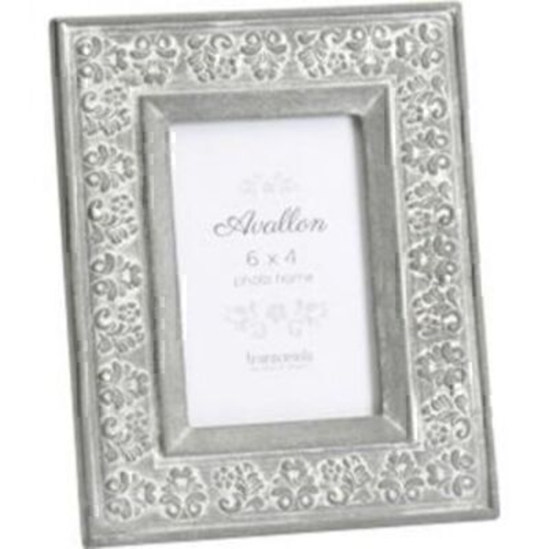 Grey Shabby Chic Carved Wood Avallon photo frame by Transomnia. Vintage feel shabby chic photo frame in a grey finish with an embossed pattern. A lovely gift that would suit any home colour scheme. Holds photos that are 6 x 4. Size: 24.3 x 19.3 x 1.7cm